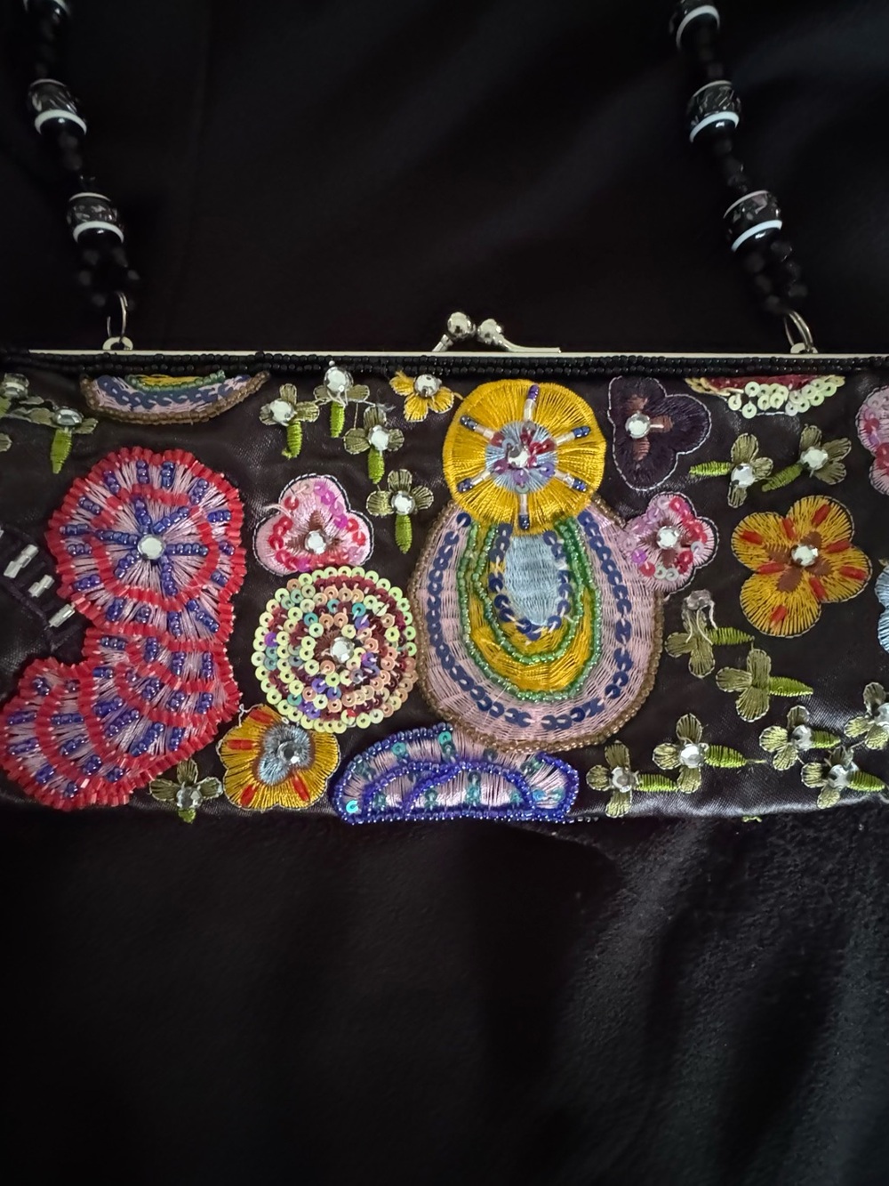 Embroidered Black Floral Evening Clutch 90’s Vintage - Picture 4 of 10